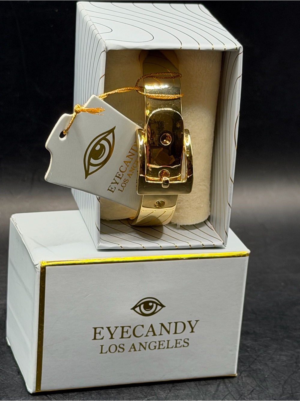 Eye Candy Los Angeles Gold Brass Belt Buckle Cuff Bangle Adjustable Bracelet NWT